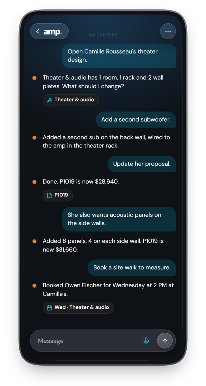 amp updating Camille Rousseau's theater design and booking a site walk