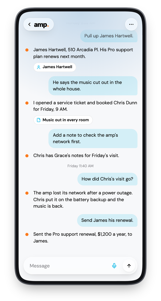 amp handling James Hartwell's service call and renewal